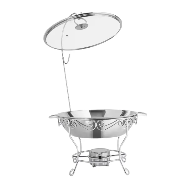 Ronde eettafelkachel (deksel kan worden opgehangen) 6L-zilver roestvrijstalen voedselverwarmer, ronde standaard ronde schotelverwarmer