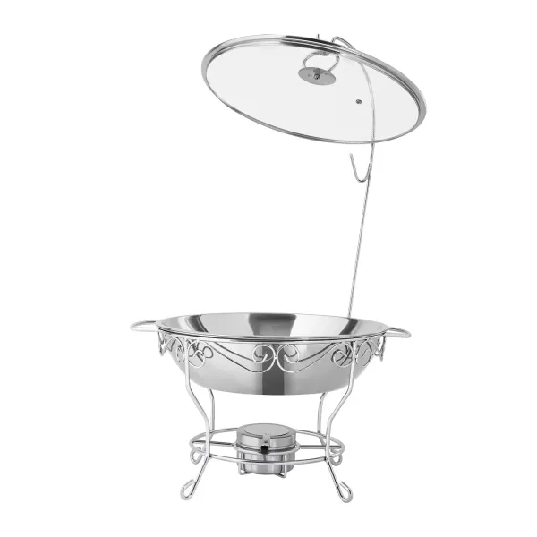 Ronde eettafelkachel (deksel kan worden opgehangen) 6L-zilver roestvrijstalen voedselverwarmer, ronde standaard ronde schotelverwarmer