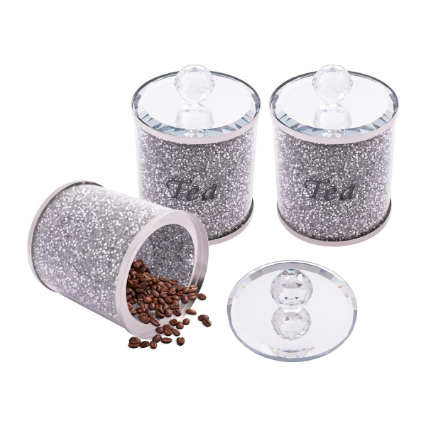 Set van 3, Koffie-, suiker- en theepotten, Decoratieve glazen pot met gemalen diamantinleg