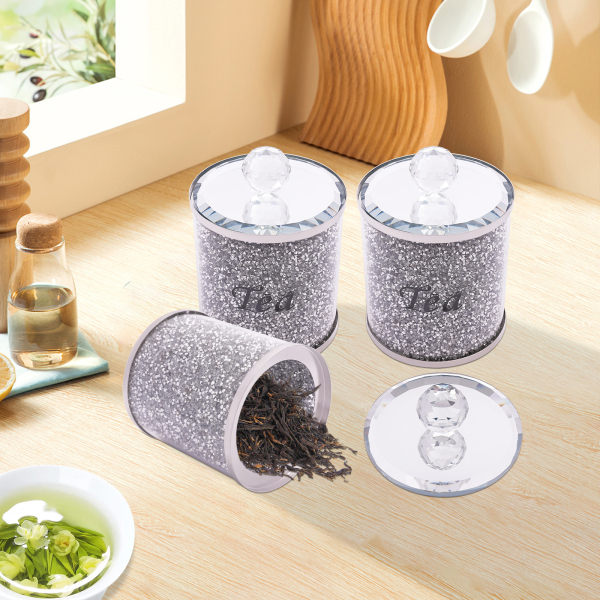 Set van 3, Koffie-, suiker- en theepotten, Decoratieve glazen pot met gemalen diamantinleg