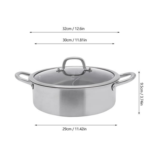 Hotpot 32 cm roestvrij staal voor gaskookplaat, 2 soepen en 1 dik gehard glazen deksel Hotpot 32 cm roestvrij staal voor gaskookplaat, 2 soepen en 1 dik gehard glazen deksel