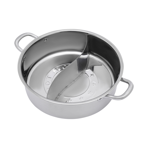 Hotpot 32 cm roestvrij staal voor gaskookplaat, 2 soepen en 1 dik gehard glazen deksel Hotpot 32 cm roestvrij staal voor gaskookplaat, 2 soepen en 1 dik gehard glazen deksel