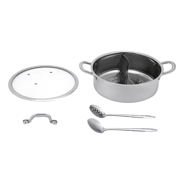 Hotpot 32 cm roestvrij staal voor gaskookplaat, 2 soepen en 1 dik gehard glazen deksel Hotpot 32 cm roestvrij staal voor gaskookplaat, 2 soepen en 1 dik gehard glazen deksel
