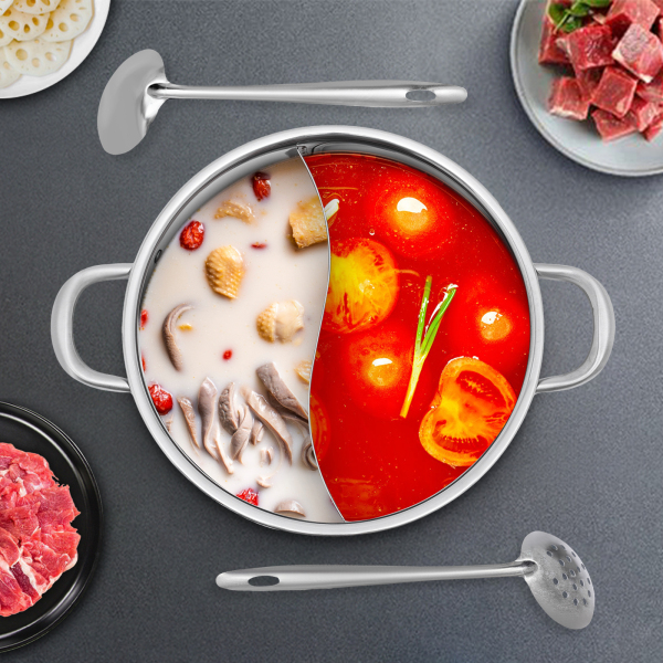 Hotpot 32 cm roestvrij staal voor gaskookplaat, 2 soepen en 1 dik gehard glazen deksel