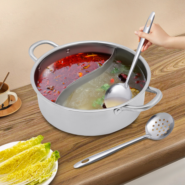 Hotpot 32 cm roestvrij staal voor gaskookplaat, 2 soepen en 1 dik gehard glazen deksel