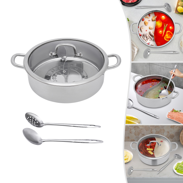 Hotpot 32 cm roestvrij staal voor gaskookplaat, 2 soepen en 1 dik gehard glazen deksel Hotpot 32 cm roestvrij staal voor gaskookplaat, 2 soepen en 1 dik gehard glazen deksel