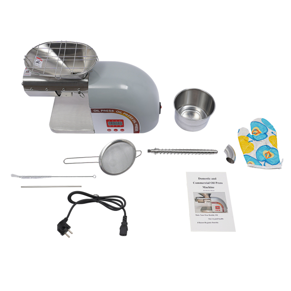 Zilveren elektrische oliepersmachine, olie-extractor, roestvrijstalen oliepersmachine - twee drukstangen Zilveren elektrische oliepersmachine, olie-extractor, roestvrijstalen oliepersmachine - twee drukstangen