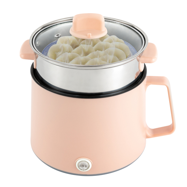 1.7L draagbare pan met antiaanbaklaag, elektrische multikoker met dubbele vermogensregeling (roze + stoomoven), 17*17*25cm