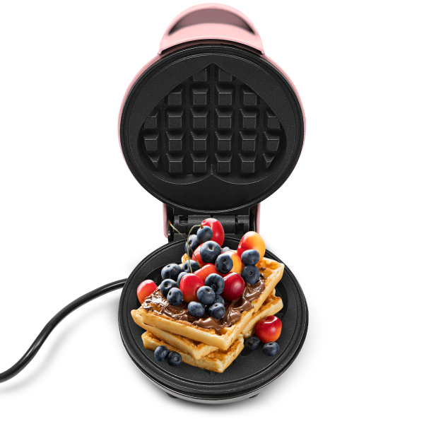 Mini wafelijzer, Hartvormig wafelijzer, Klein wafelijzer met antiaanbaklaag, 12,5*16,5*8,5 cm, Roze