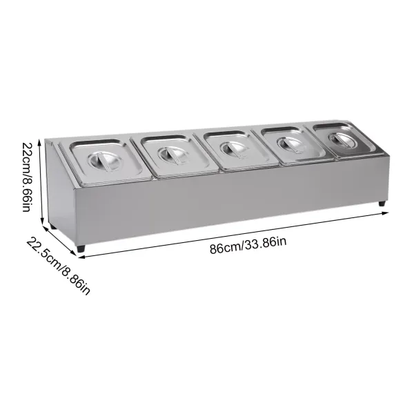 RVS GN-bakplank met 5 GN-bak met deksel, vaatwasmachinebestendig RVS GN-bakplank met 5 GN-bak met deksel, vaatwasmachinebestendig