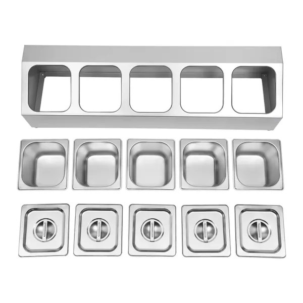RVS GN-bakplank met 5 GN-bak met deksel, vaatwasmachinebestendig RVS GN-bakplank met 5 GN-bak met deksel, vaatwasmachinebestendig