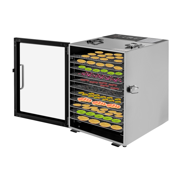 Voedseldroger 12 roestvrijstalen trays, voedseldroger voor fruit, vlees, rundvlees, gedroogd vlees, kruiden, met instelbare timer en temperatuurregeling