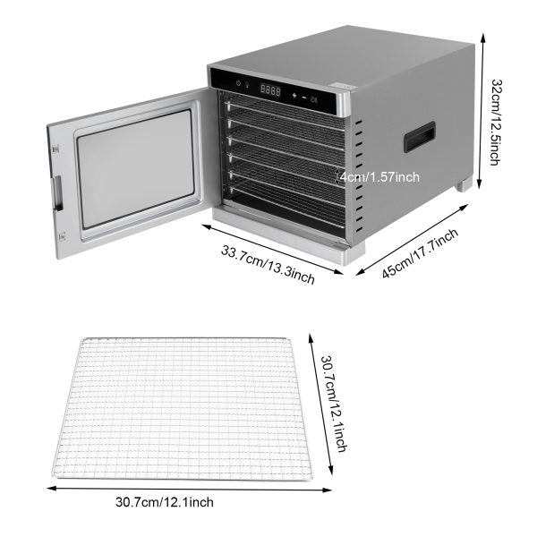 RVS Voedseldroger met Recepten 6 Bakken LED Display 35°-75°C 700W Zilver