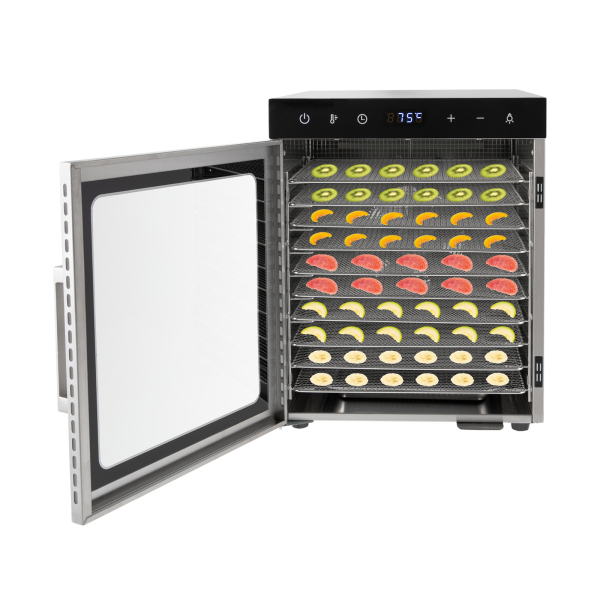 10-laags volledig roestvrijstalen dehydrator met instelbare temperatuurregeling van 86-194 ° F 10-laags volledig roestvrijstalen dehydrator met instelbare temperatuurregeling van 86-194 ° F
