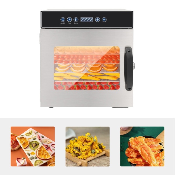 Voedseldroogmachine 8 dienbladen roestvrij staal, 400 W, 30-90 ° C temperatuurregelaar, 24 uur timer