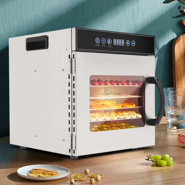 Voedseldroogmachine 8 dienbladen roestvrij staal, 400 W, 30-90 ° C temperatuurregelaar, 24 uur timer