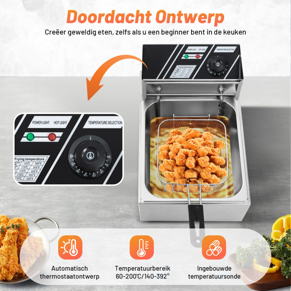 Elektrische friteuses 2500 W in roestvrij staal 6 l voor horeca, restaurants, supermarkten, snackbars en thuis