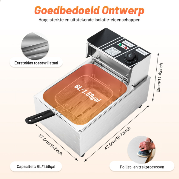 Elektrische friteuses 2500 W in roestvrij staal 6 l voor horeca, restaurants, supermarkten, snackbars en thuis