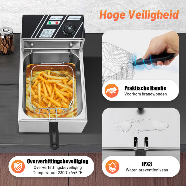 Elektrische friteuses 2500 W in roestvrij staal 6 l voor horeca, restaurants, supermarkten, snackbars en thuis