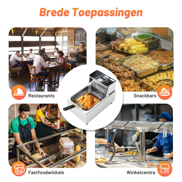 Elektrische friteuses 2500 W in roestvrij staal 6 l voor horeca, restaurants, supermarkten, snackbars en thuis