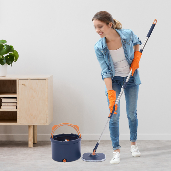 Spin Mop en Emmer, Spin Mop en Emmer Kit voor Thuis, Spinning Mop Emmer Kit - Donkerblauw