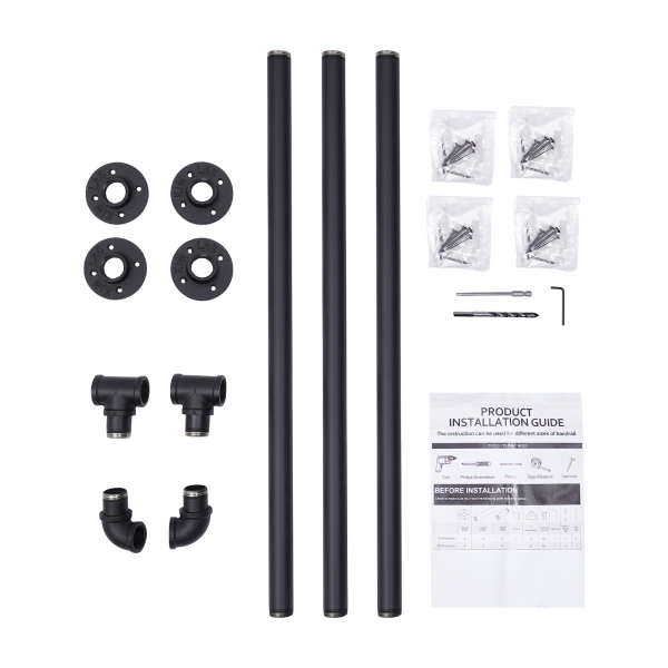 Leuningbuis, Heavy Duty Metaal, Dragend, 8ft, 3 Secties, Muurafstand: 8cmm, Zwart