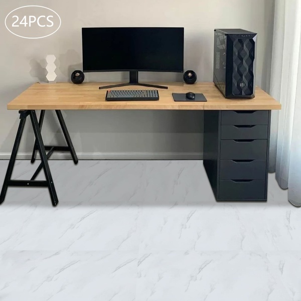 24 stuks zelfklevende PVC Peel and Stick-vloertegels - 60 x 30 cm - voor woonkamer, slaapkamer, eetkamer, keuken - wit
