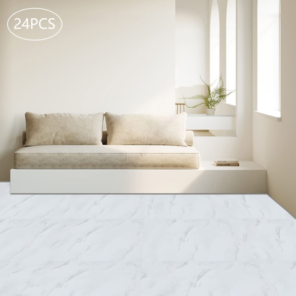 24 stuks zelfklevende PVC Peel and Stick-vloertegels - 60 x 30 cm - voor woonkamer, slaapkamer, eetkamer, keuken - wit 24 stuks zelfklevende PVC Peel and Stick-vloertegels - 60 x 30 cm - voor woonkamer, slaapkamer, eetkamer, keuken - wit