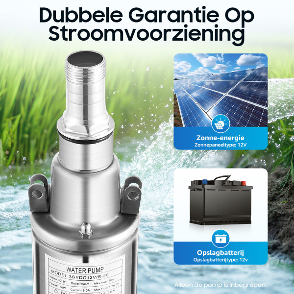 Diepwaterpomp - 12 V - Solar - RVS - 1,2 m³/h - Tot 20 m
