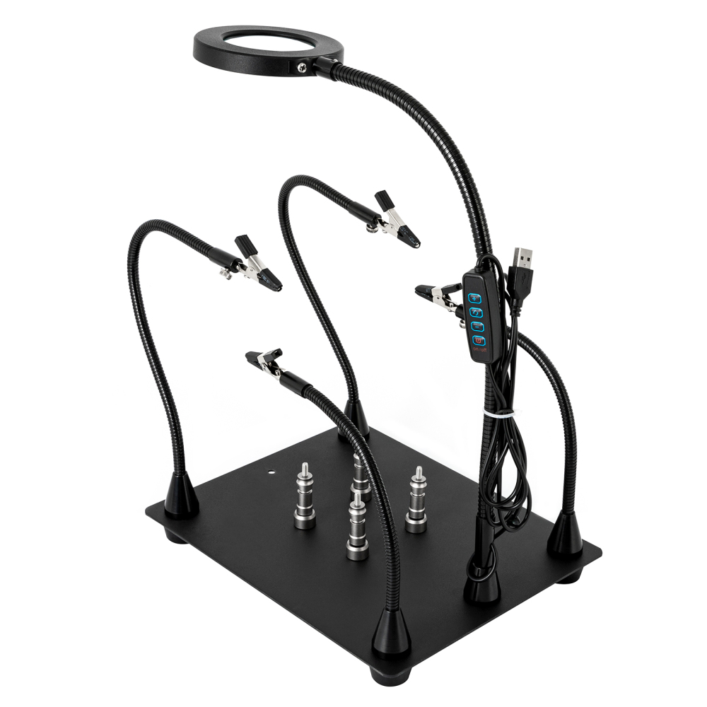 Helpende handen Soldeerklemstation 3X LED-vergrootglaslamp met magnetische PCB-printplaathouder Robuuste basis met flexibel