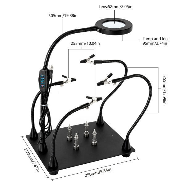 Helpende handen Soldeerklemstation 3X LED-vergrootglaslamp met magnetische PCB-printplaathouder Robuuste basis met flexibel