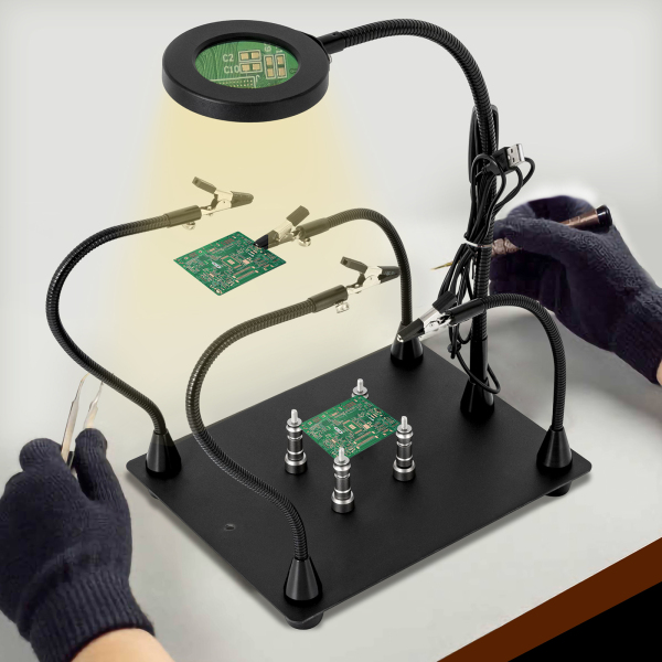 Helpende handen Soldeerklemstation 3X LED-vergrootglaslamp met magnetische PCB-printplaathouder Robuuste basis met flexibel