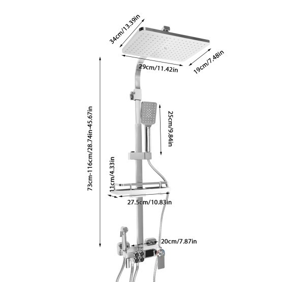 Home Douchesysteem met RVS thermostaat, zilveren douchekolom, verstelbare douchestang, veelzijdige doucheset 73-116 cm
