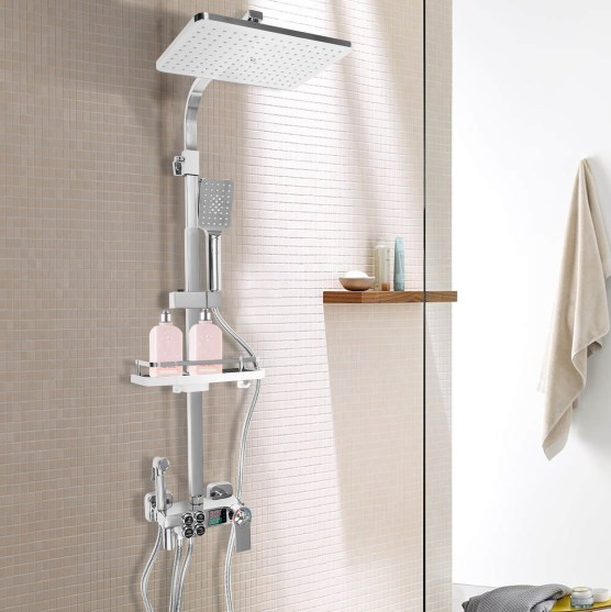 Home Douchesysteem met RVS thermostaat, zilveren douchekolom, verstelbare douchestang, veelzijdige doucheset 73-116 cm