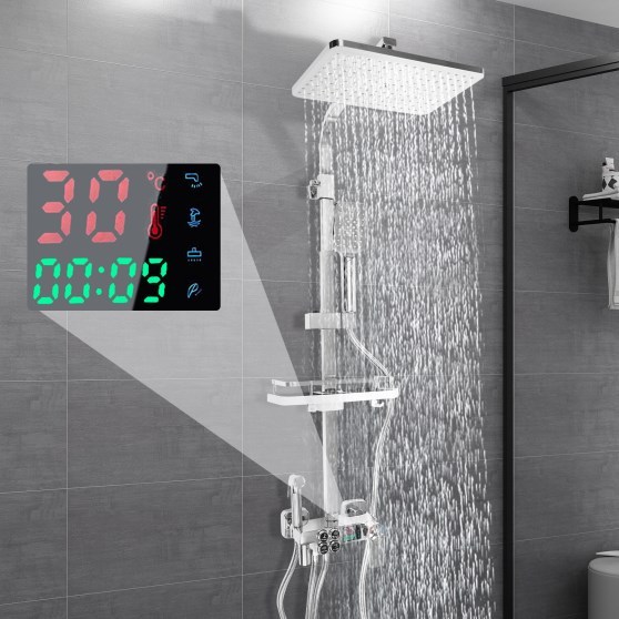 Home Douchesysteem met RVS thermostaat, zilveren douchekolom, verstelbare douchestang, veelzijdige doucheset 73-116 cm