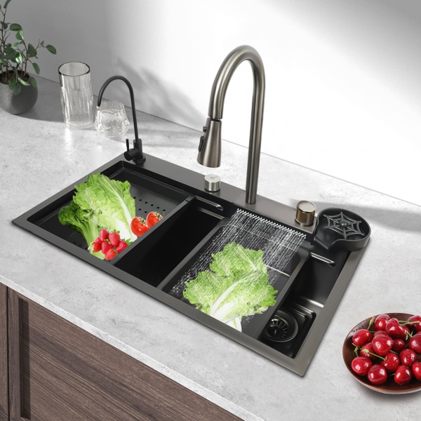 Aanrecht Enkele Kom Waterval Bargootsteen Geïntegreerde roestvrijstalen spoelbak met kraan Zilver (75cm) Aanrecht Enkele Kom Waterval Bargootsteen Geïntegreerde roestvrijstalen spoelbak met kraan Zilver (75cm)