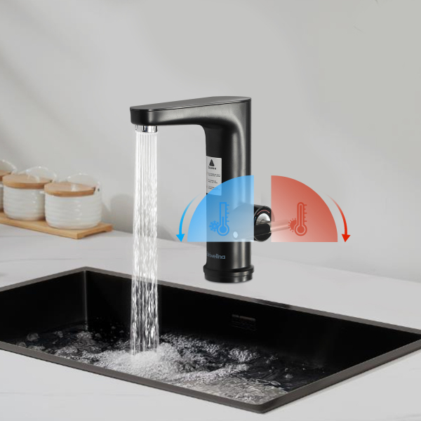 Elektrische kraan met doorstroomverwarmer 3200W, RVS met LED temperatuurindicator, zwart Elektrische kraan met doorstroomverwarmer 3200W, RVS met LED temperatuurindicator, zwart