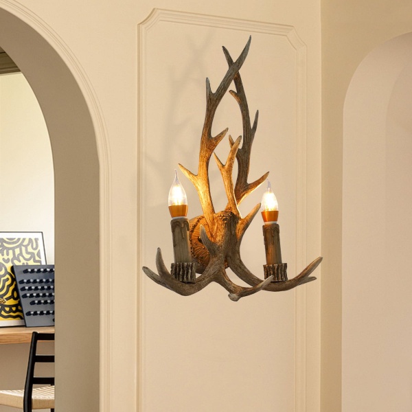 Rustieke gewei hertenhoorn wandlamp, 2 lampen, creatieve persoonlijkheid, 38 cm-50 cm, inclusief 2 lampen