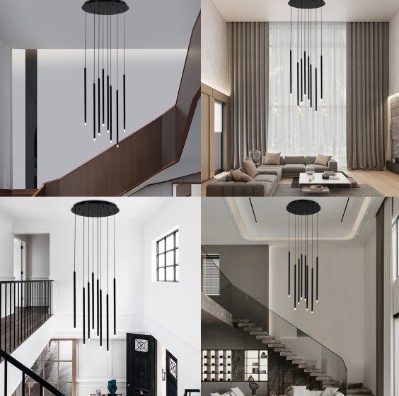8-spot zwarte hanglamp, lange loft hanglamp, neutraal licht 8-spot zwarte hanglamp, lange loft hanglamp, neutraal licht