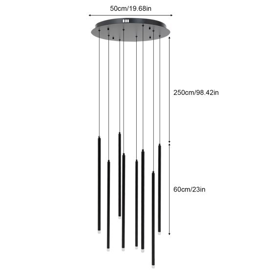 8-spot zwarte hanglamp, lange loft hanglamp, neutraal licht