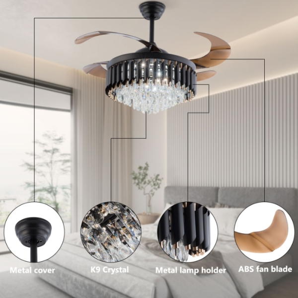 36-inch zwarte ventilatorkroonluchter, driekleurig licht, variabele frequentie met afstandsbediening, 85-265V