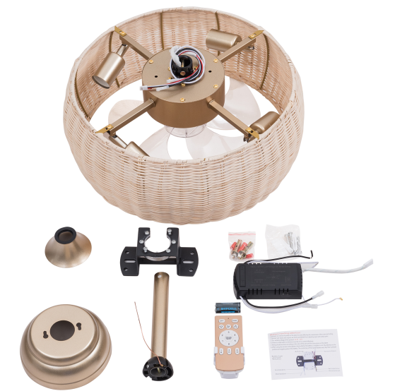 18,5 inch plafondventilator met afstandsbediening, licht, stil, rotan, 6 snelheden