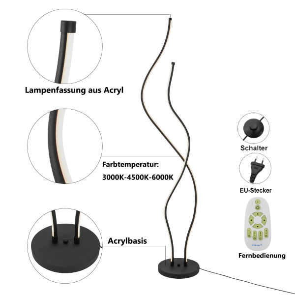 51,18 inch staande lamp met afstandsbediening spiraallamp roestvrij en duurzame LED staande lamp voor woonkamers zwart