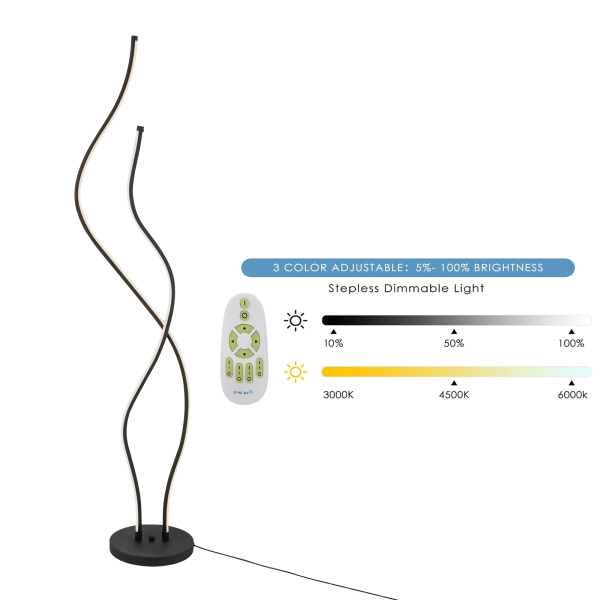 51,18 inch staande lamp met afstandsbediening spiraallamp roestvrij en duurzame LED staande lamp voor woonkamers zwart