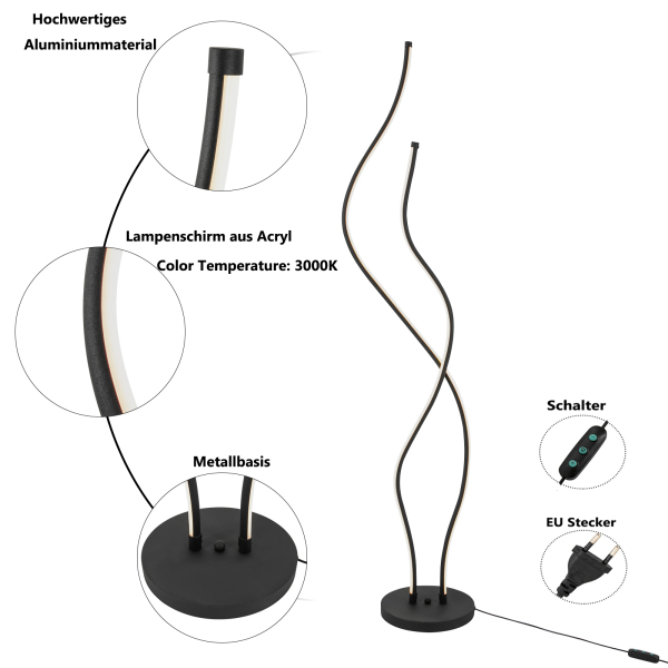 51,18 inch staande lamp spiraallamp LED staande lamp met lang netsnoer stabiele voet voor woonkamers restaurants zwart