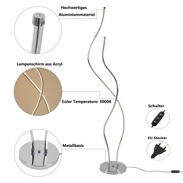 51,18 inch staande lamp spiraallamp LED staande lamp met lang netsnoer stabiele voet voor woonkamers restaurants zilver
