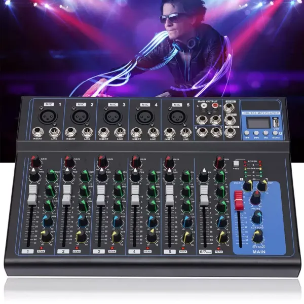 Bluetooth Audio Mixer 7 Kanaals USB DJ Sound 48V Phantom Mixing Console voor Gitaristen, Zangers of Producenten Bluetooth Audio Mixer 7 Kanaals USB DJ Sound 48V Phantom Mixing Console voor Gitaristen, Zangers of Producenten
