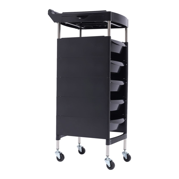 Salonwagen met handvat en zwenkwielen, 5 laden en 2 zijladen Föhnhouder, voor kapsalon, schoonheidsspecialiste, schoonheidssalon (zwart)