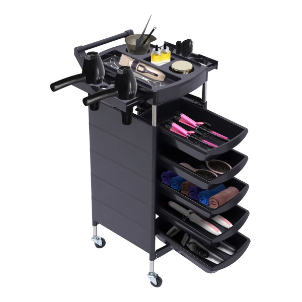 Salonwagen met handvat en zwenkwielen, 5 laden en 2 zijladen Föhnhouder, voor kapsalon, schoonheidsspecialiste, schoonheidssalon (zwart)