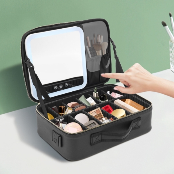 Cosmetische tas, LED-lichtspiegel-invullicht, desktopbehuizing met grote capaciteit, zwart